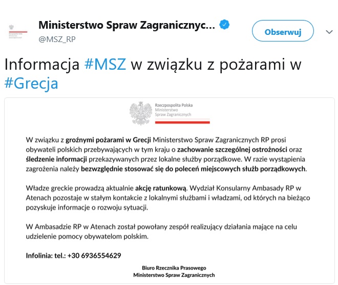 Komunikat MSZ w sprawie pożaru w Grecji