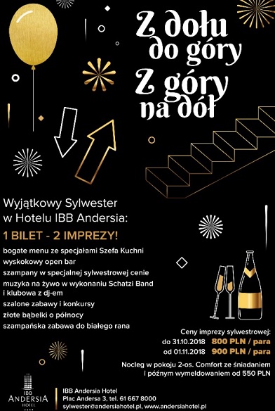 Wyjątkowy Sylwester w Hotelu IBB Andersia – 1 bilet – 2 imprezy !!!!!!!  – „Z dołu do góry, z góry na dół” – zapraszamy