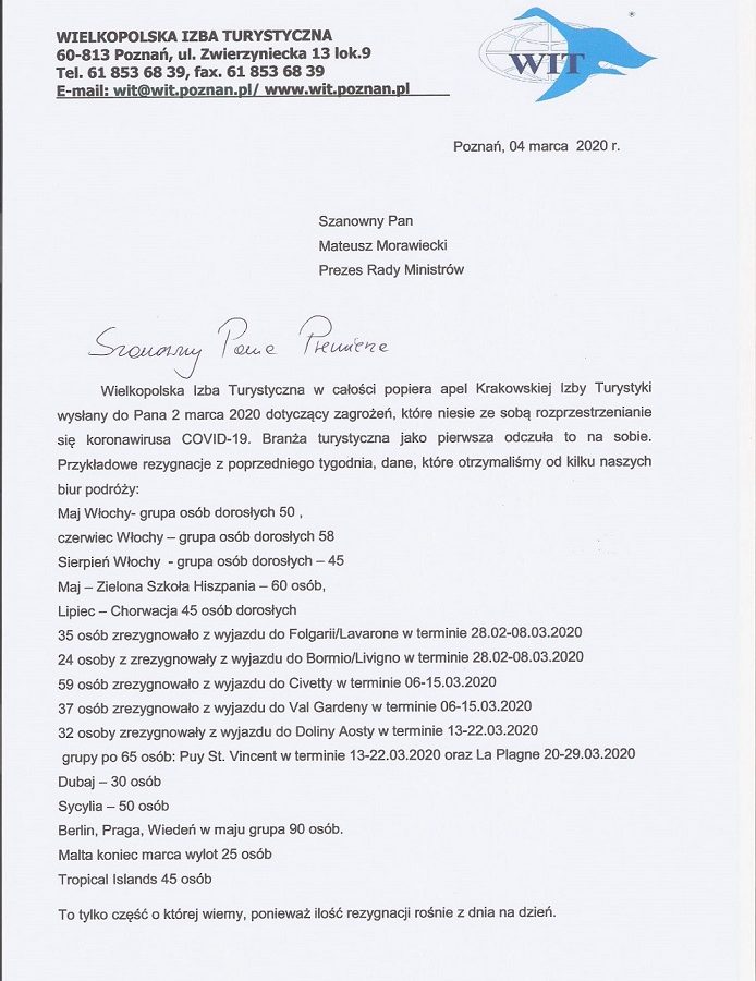 WIT skierowało pismo do Prezesa Rady Ministrów popierające apel Krakowskiej Izby Turystyki